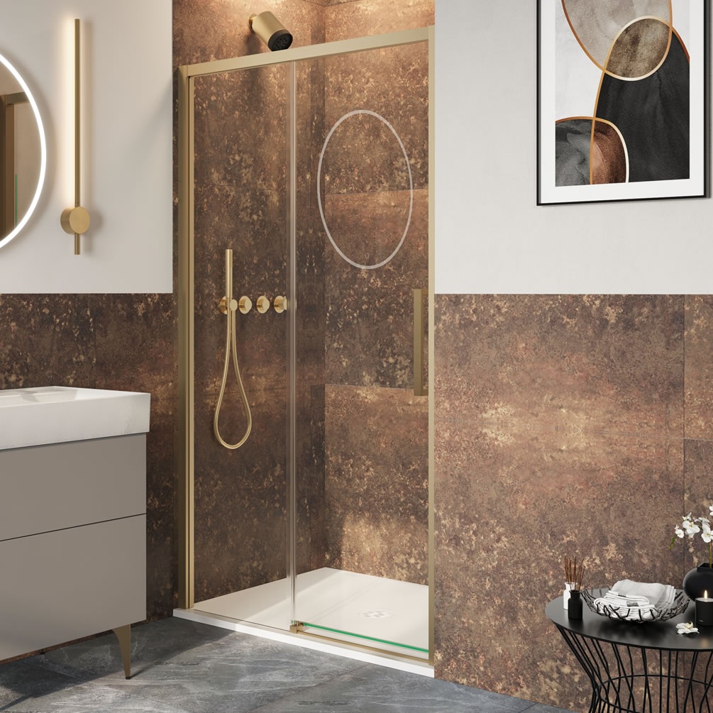 Lifestyle image of Crosswater Asura 8 Brushed Brass 1400mm Sliding Shower Door